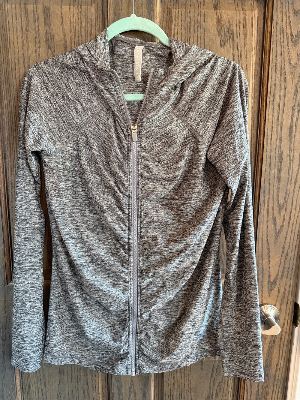 Athleta Heather Gray Full-Zip Hooded Bomber Jacket